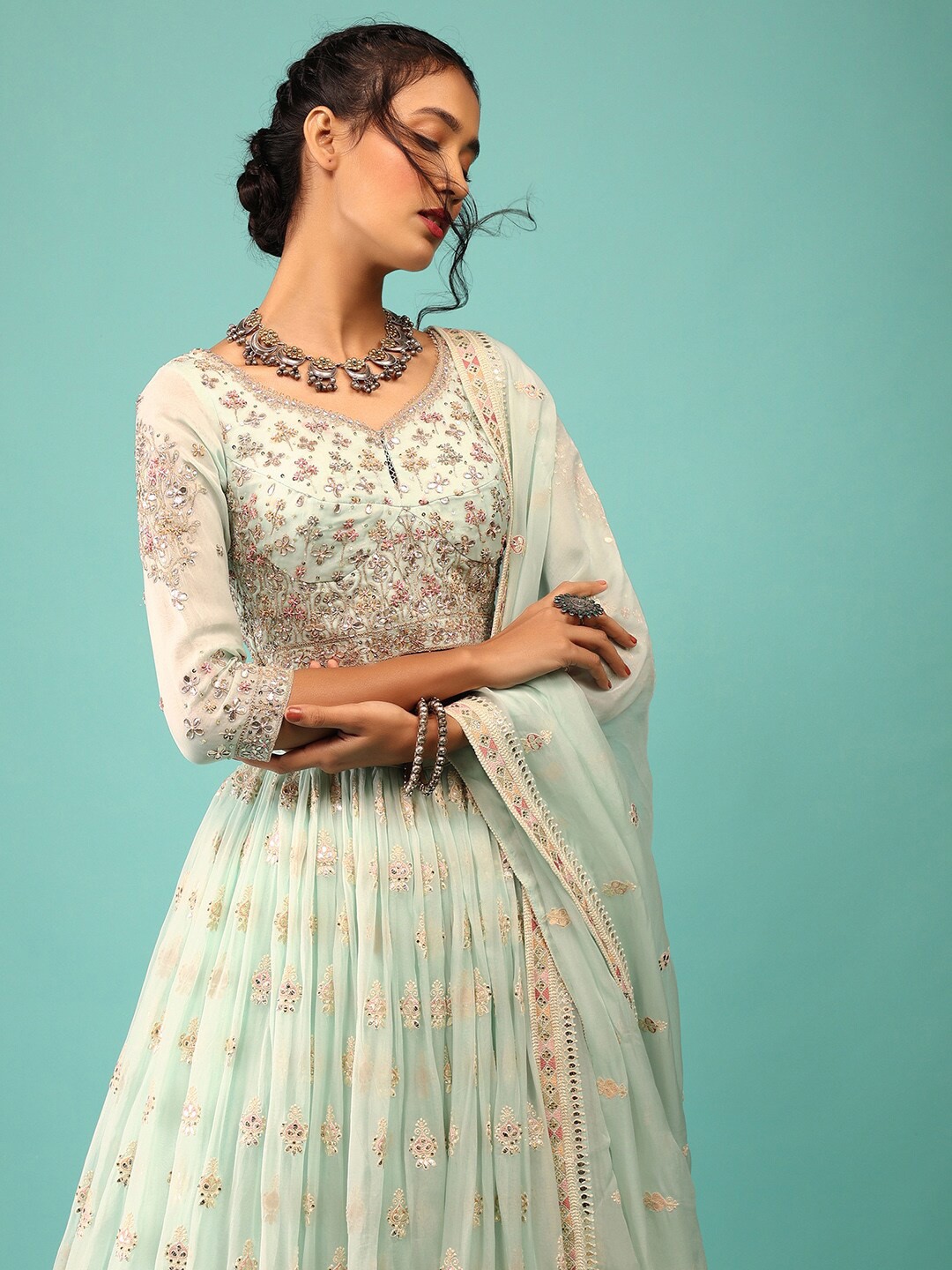 

KALKI Fashion Embroidered Mirror Work Ready to Wear Lehenga With Blouse & Dupatta, Green