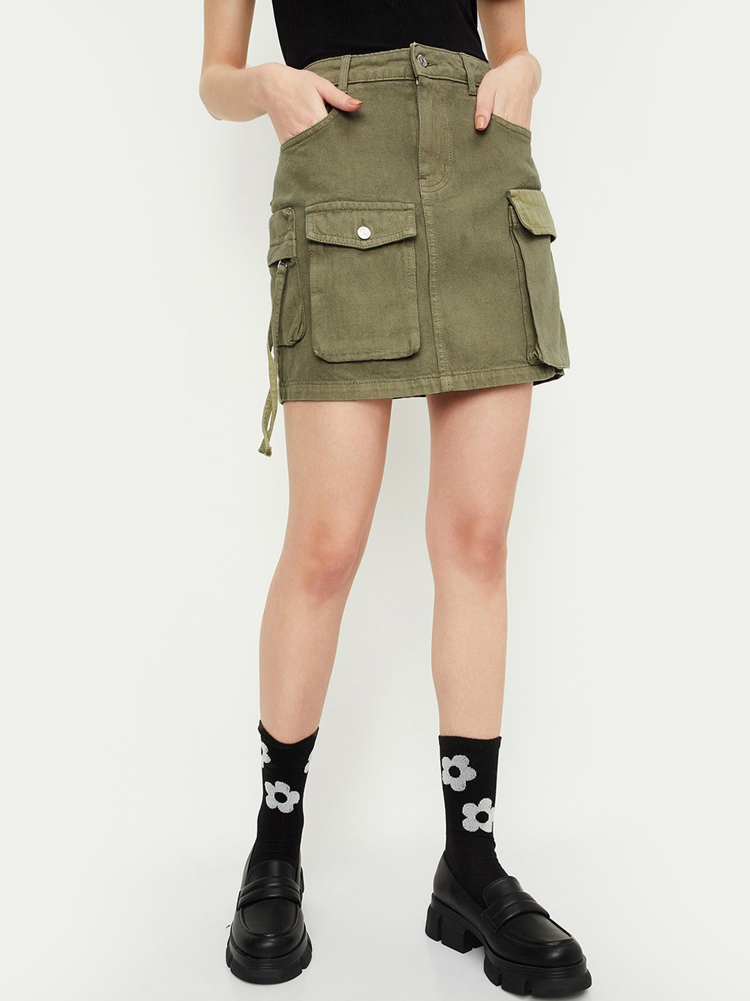 

max Pure Cotton Straight Mini Skirt, Olive