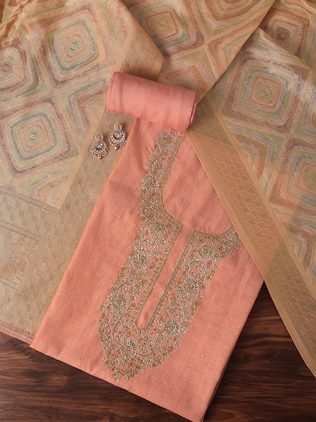 

KALKI Fashion Embellished Unstitched Dress Material, Peach