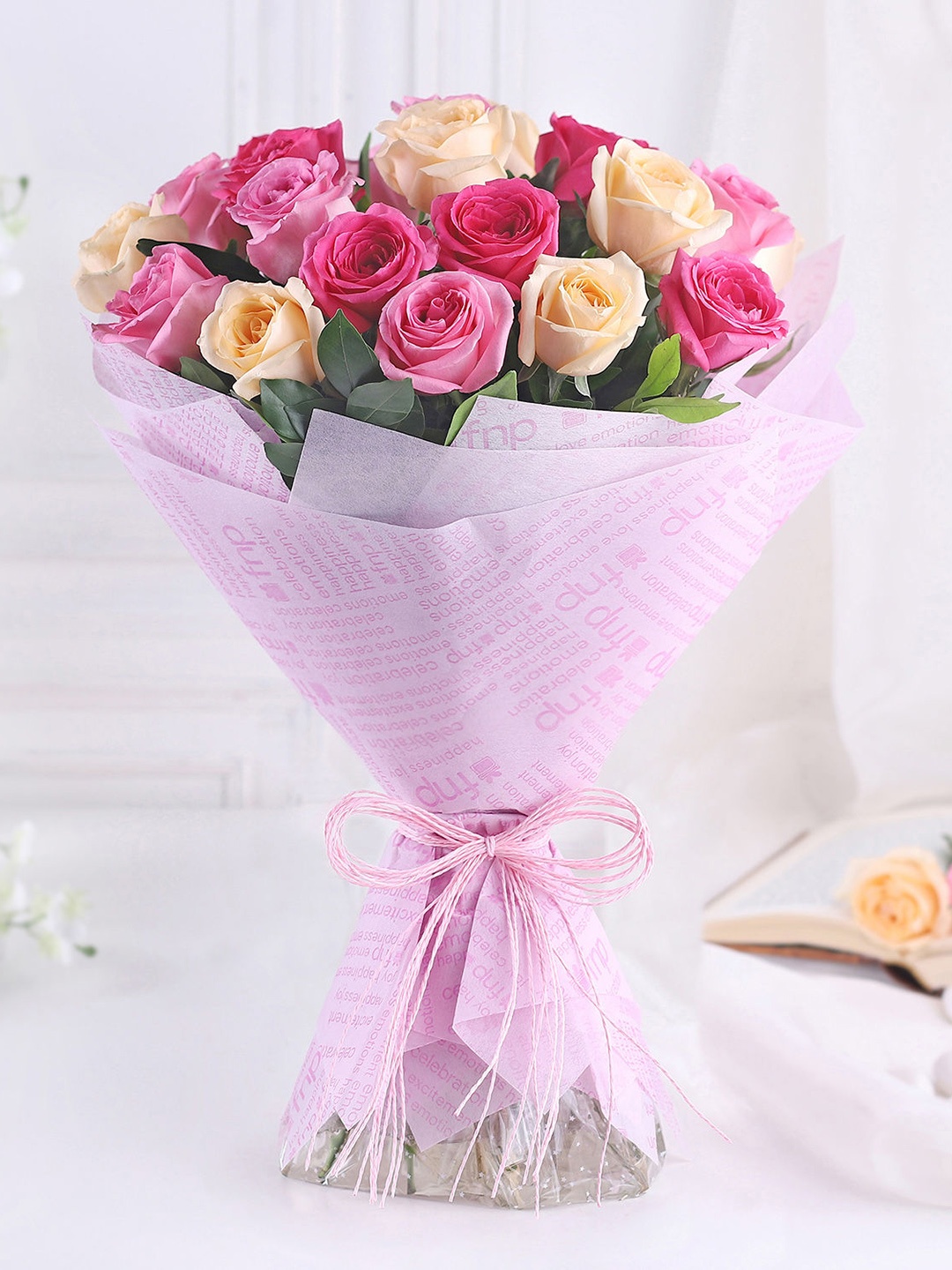 

fnp Blooming Joy 15-Pink & Peach Coloured Roses Fresh Flowers Bouquet