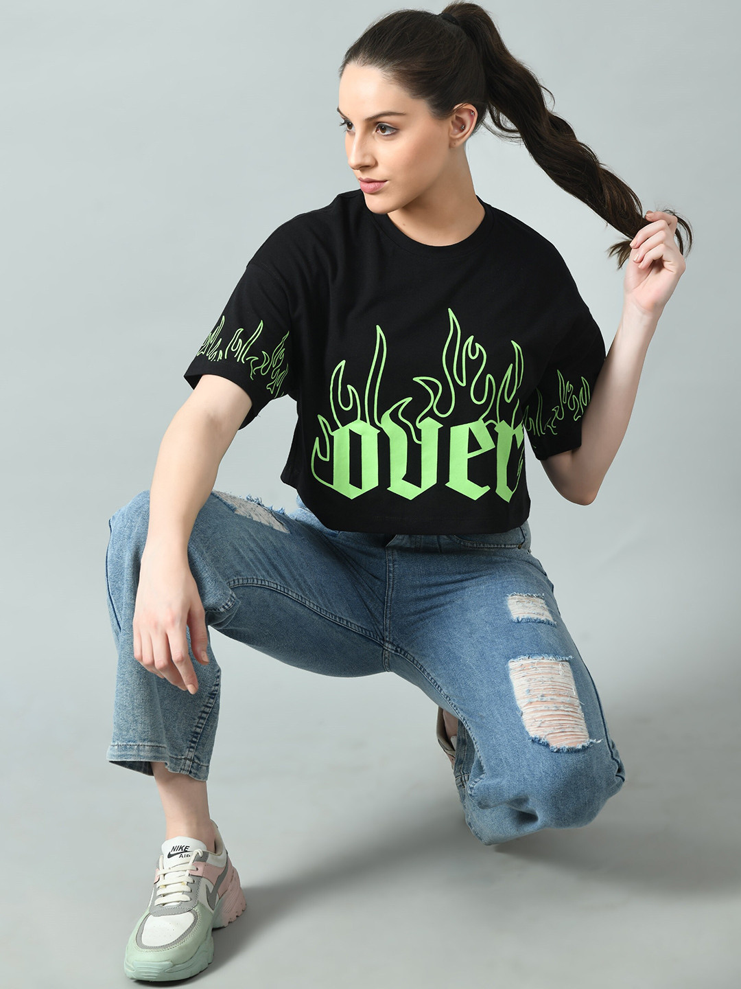 

The Roadster Lifestyle Co. Black Printed Cotton Drop-Shoulder Sleeves Crop Tshirt