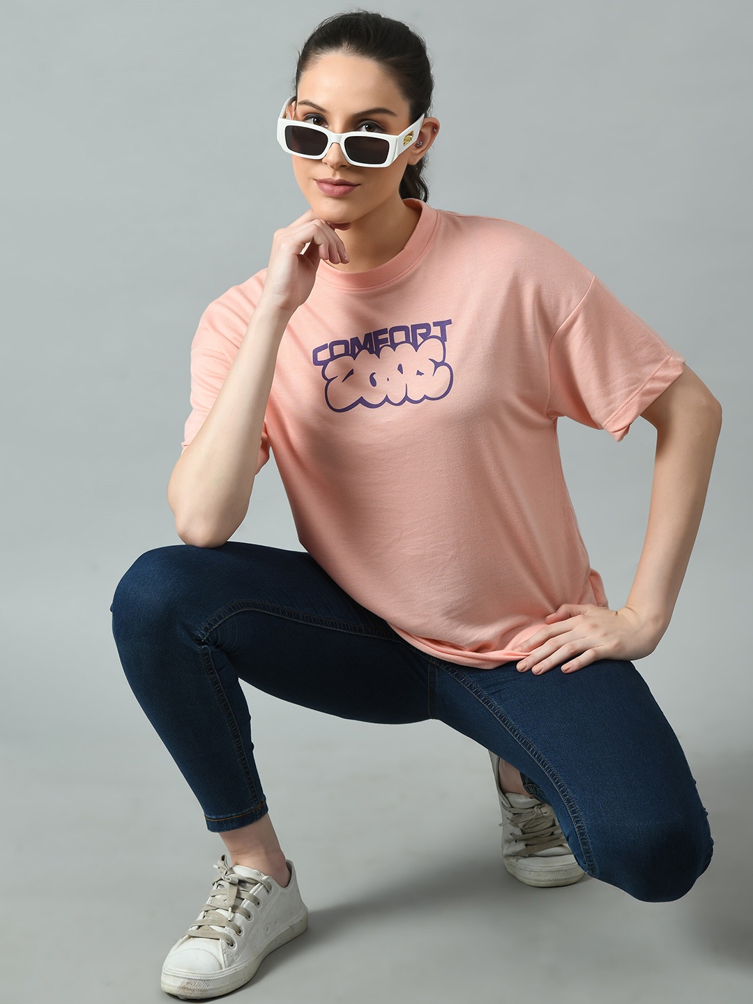 

The Roadster Lifestyle Co. Peach Round Neck Printed Cotton Drop-Shoulder Sleeves Tshirt