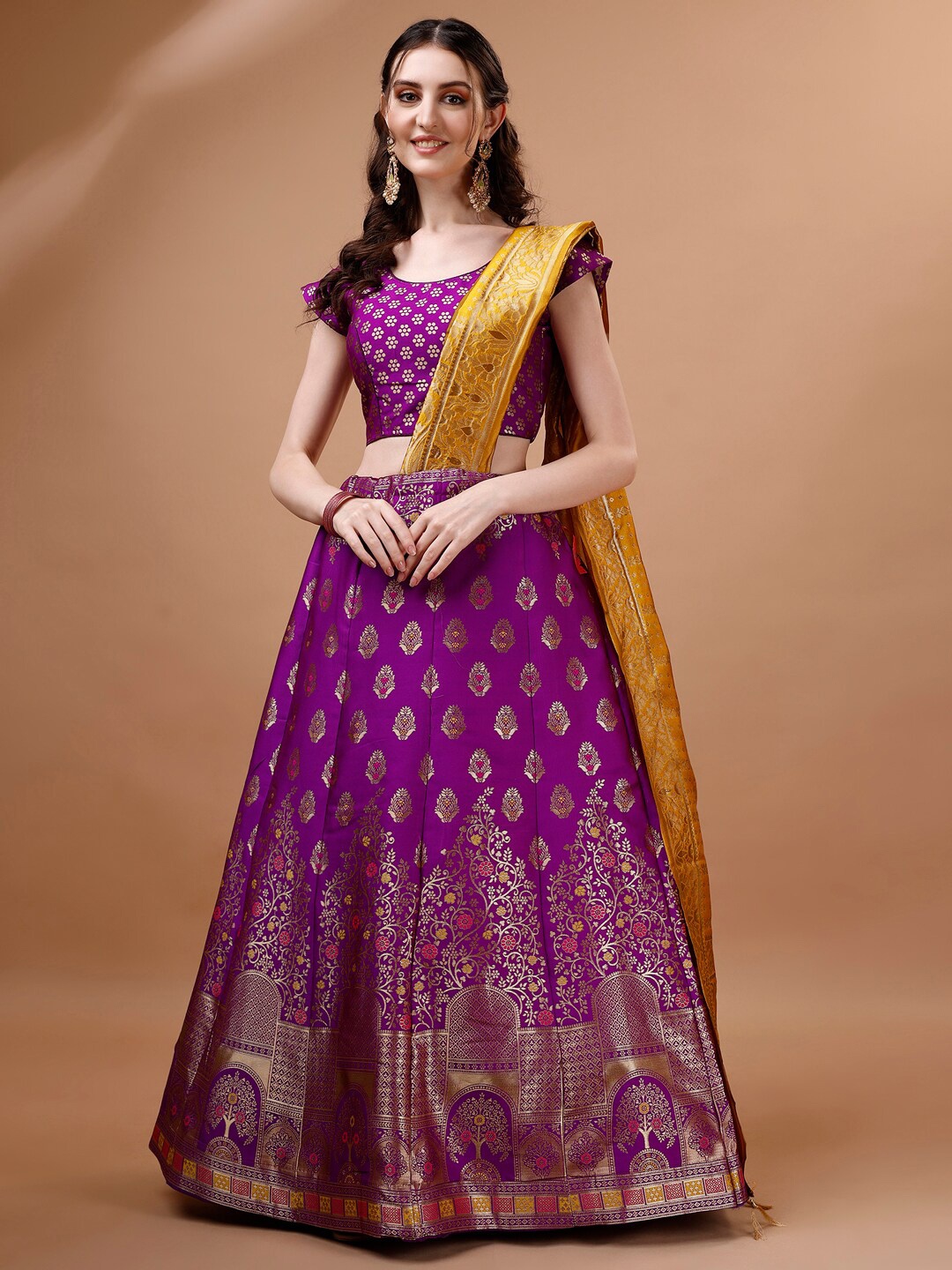 

KALINI Ethnic Motifs Woven Design Ready to Wear Lehenga & Unstitched Blouse With Dupatta, Purple