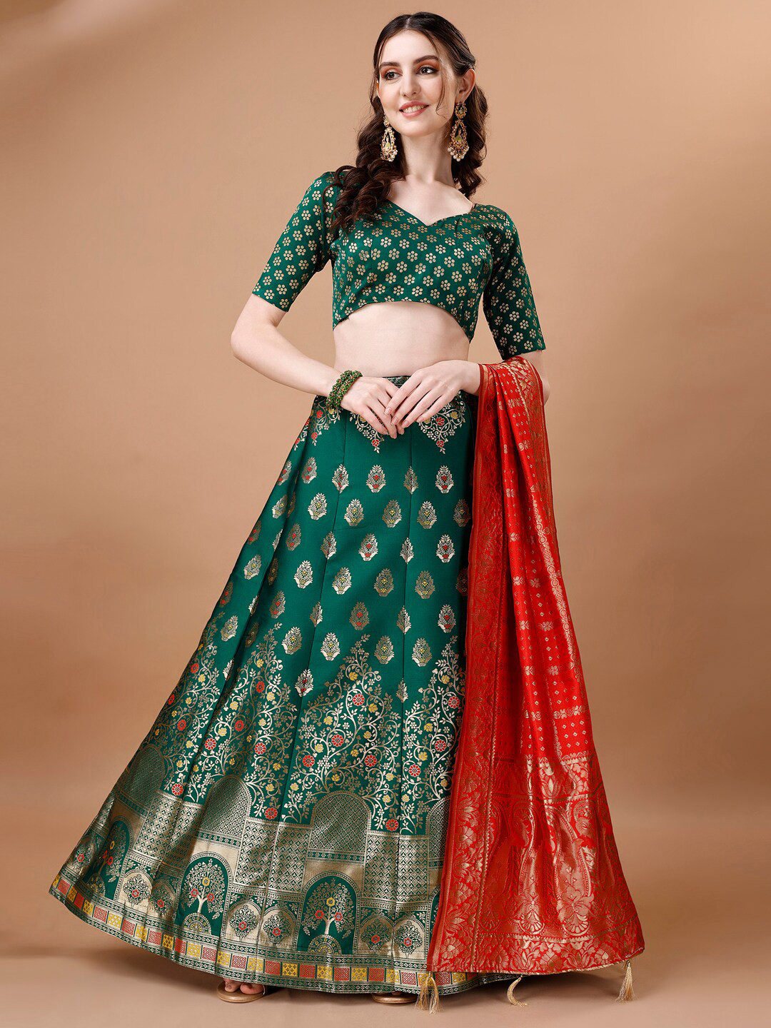 

KALINI Ethnic Motifs Woven Design Ready to Wear Lehenga & Unstitched Blouse With Dupatta, Green