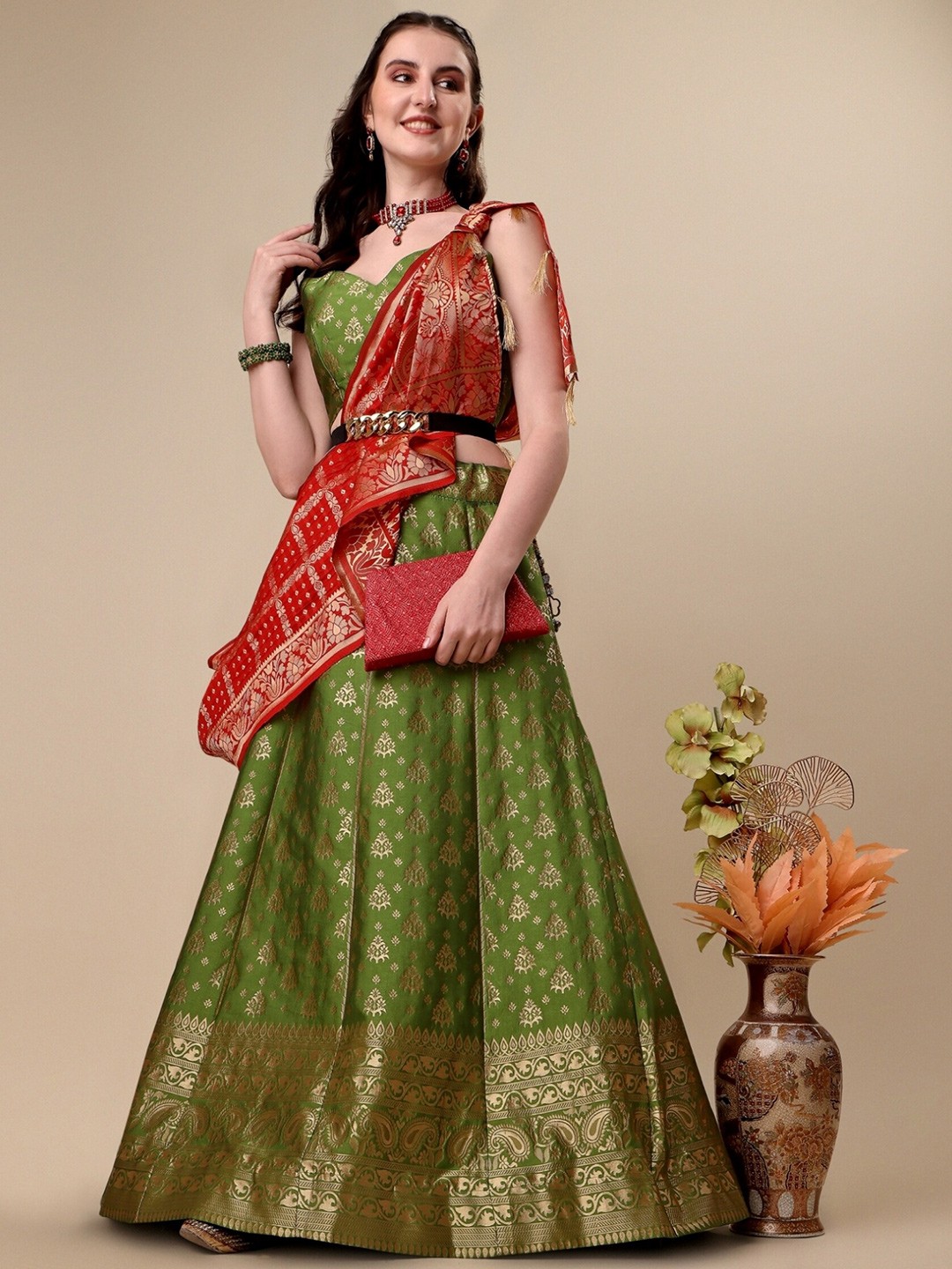 

KALINI Ethnic Motifs Woven Design Ready to Wear Lehenga & Unstitched Blouse With Dupatta, Olive