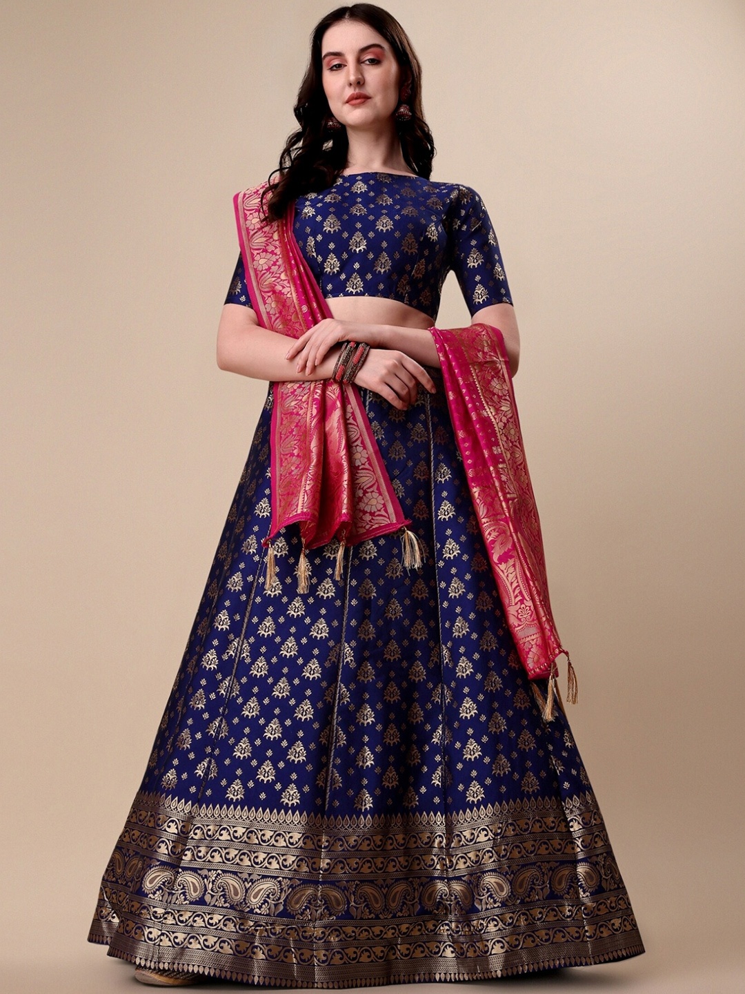 

KALINI Woven Design Banarasi Silk Ready to Wear Lehenga & Unstitched Blouse With Dupatta, Navy blue