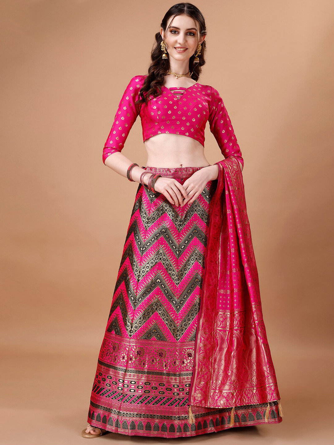 

KALINI Ethnic Motifs Woven Design Ready to Wear Lehenga & Unstitched Blouse With Dupatta, Black