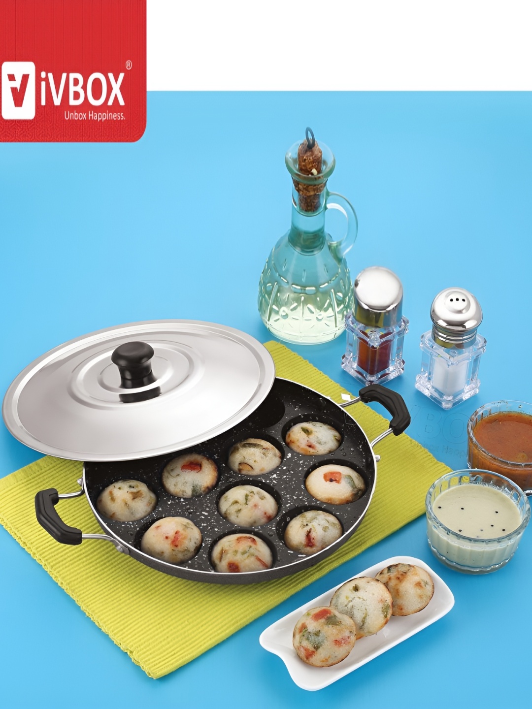 

iVBOX Black Non Stick 12 Cavity Appam Patra With Lid 1L