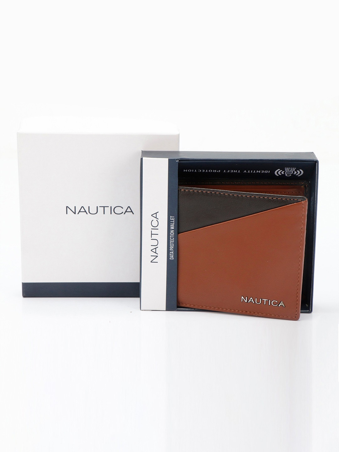 

Nautica Men Colourblocked Leather RFID Two Fold Wallet, Tan