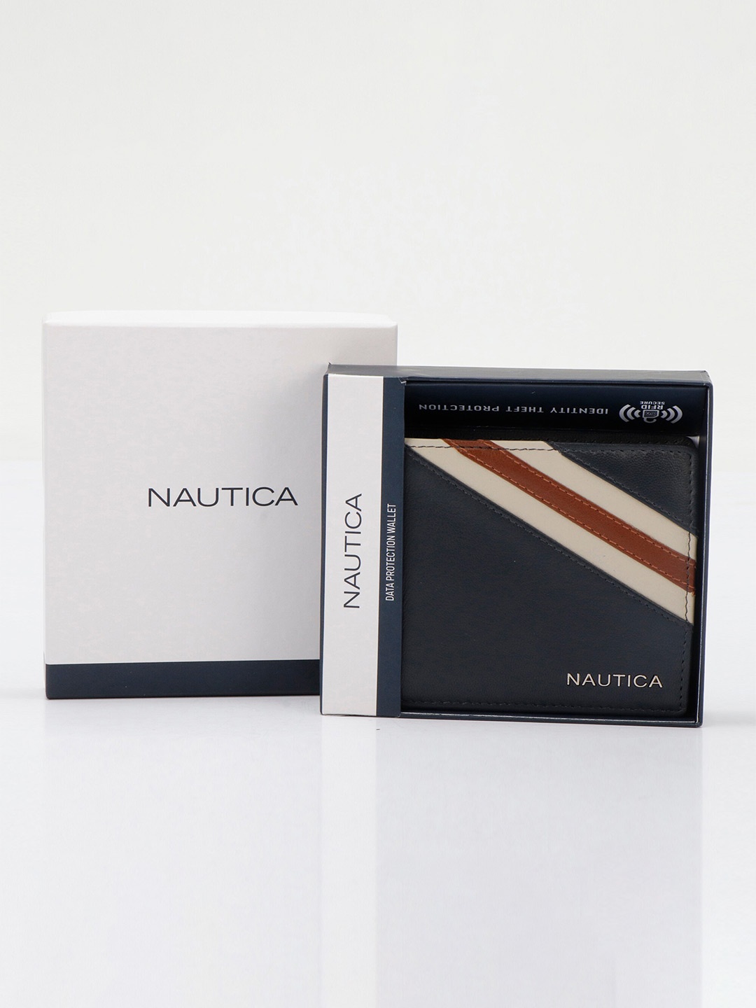 

Nautica Men Striped Leather RFID Two Fold Wallet, Navy blue