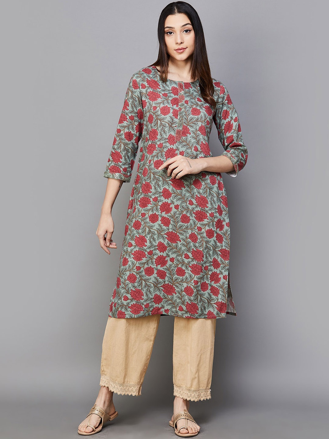 

Melange by Lifestyle Women Floral Embroidered Kurta, Olive