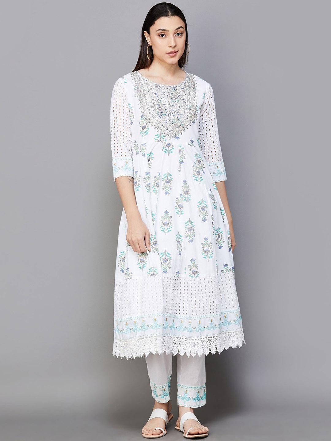 

Melange by Lifestyle Round Neck Floral Printed Regular Pure Cotton Kurta Set, Off white