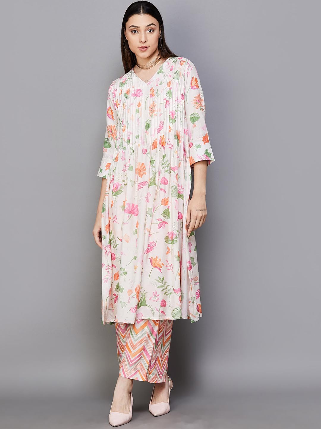 

Melange by Lifestyle V Neck Floral Printed Pleated A Line Kurta with Pyjama, Beige
