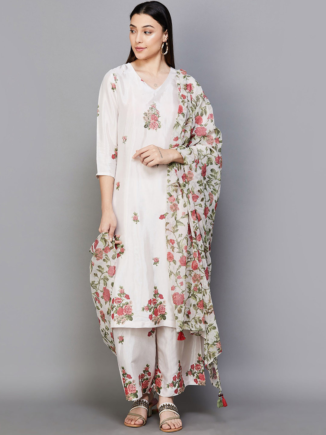 

Melange by Lifestyle V Neck Floral Printed Straight Kurta with Pyjama & Dupatta, Beige