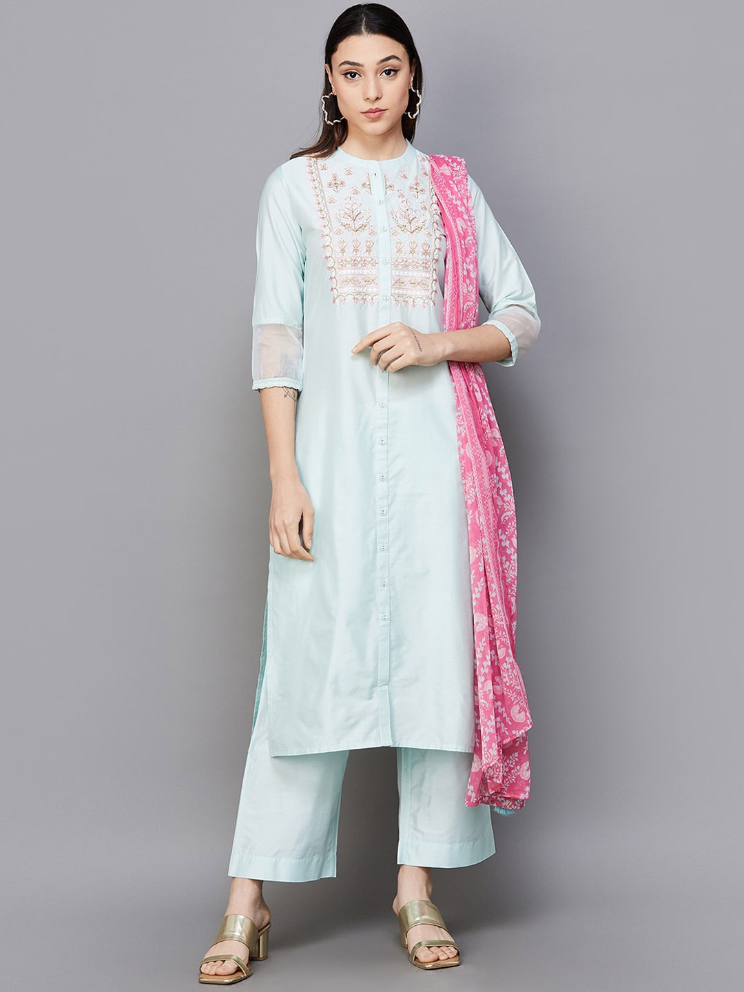 

Melange by Lifestyle Mandarin Collar Floral Yoke Design Kurta with Palazzo & Dupatta, Blue