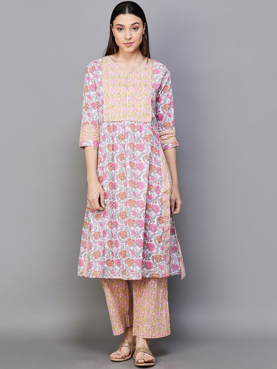 

Melange by Lifestyle V Neck Floral Print Yoke Design Pure Cotton A Line Kurta with Trouser, Off white