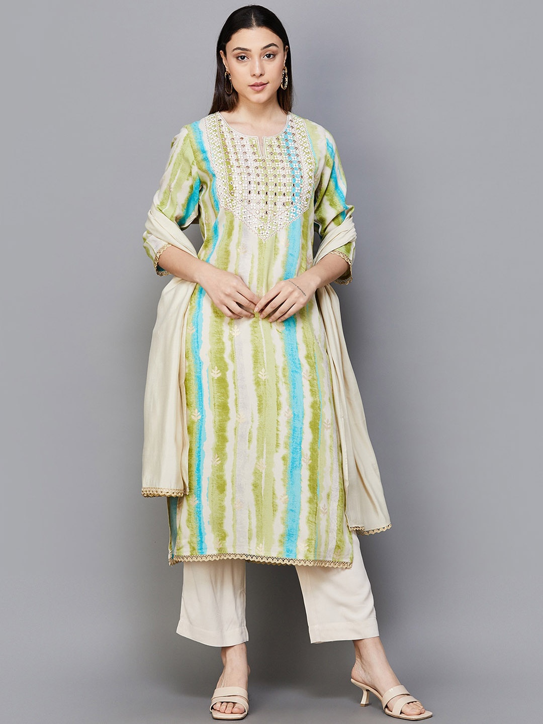 

Melange by Lifestyle Neck Striped Printed Straight Kurta with Trouser & Dupatta, Green