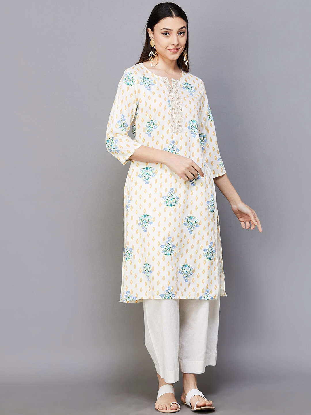 

Melange by Lifestyle Women Floral Embroidered Mirror Work Kurta, Off white