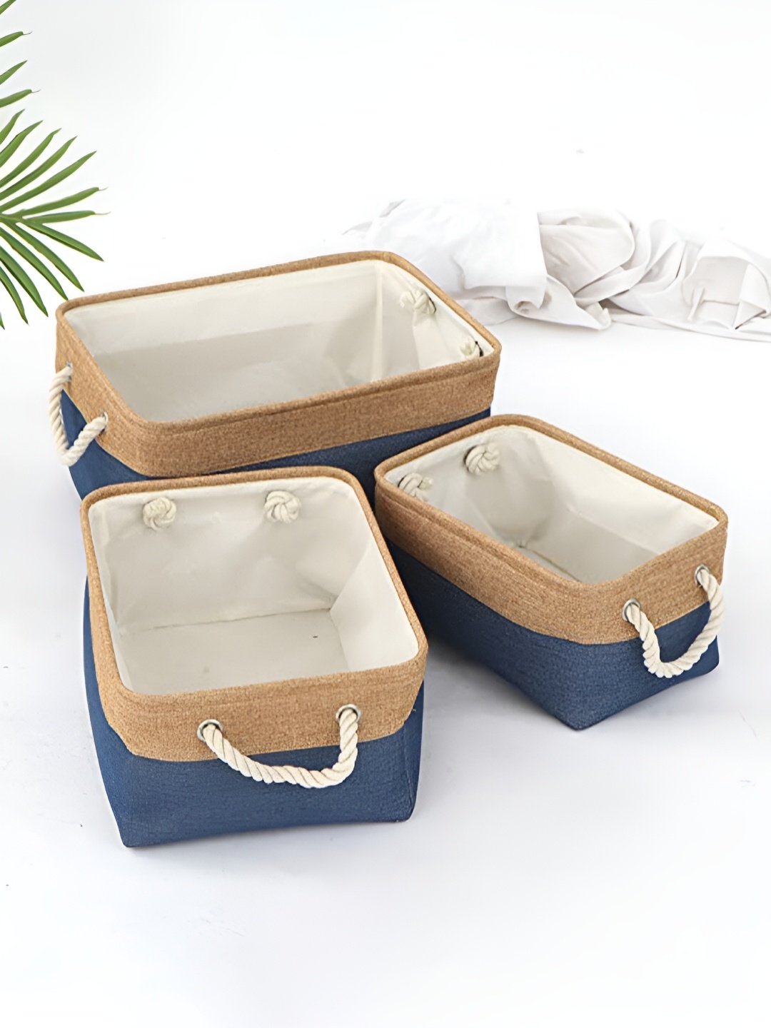 

Kuber Industries Khaki & Blue 3 Pcs Colourblocked Foldable Storage Basket With Handle, Beige