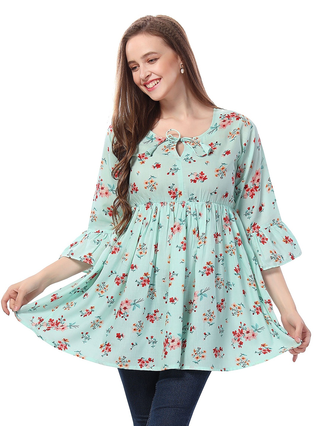 

keshubaba Floral Printed Tie-Up Neck Cotton Tunic, Green