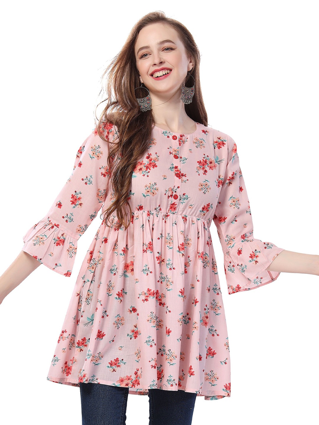

keshubaba Floral Printed Tie-Up Neck Cotton Tunic, Peach