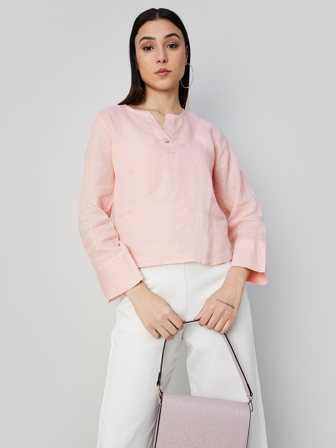 

CODE by Lifestyle Striped Mandarin Collar Linen Top, Pink