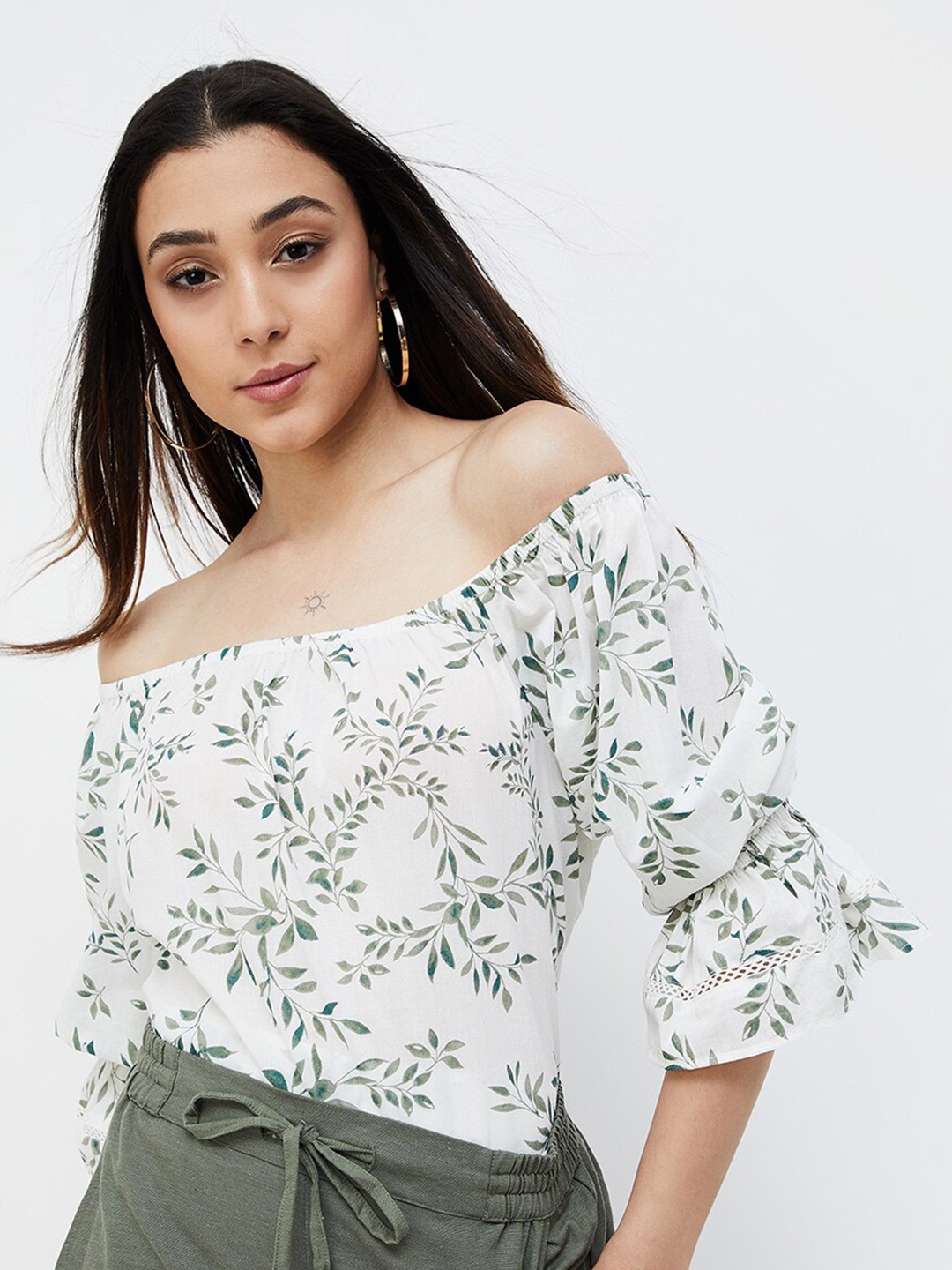 

CODE by Lifestyle Floral Print Off-Shoulder Bell Sleeve Cotton Bardot Top, Off white