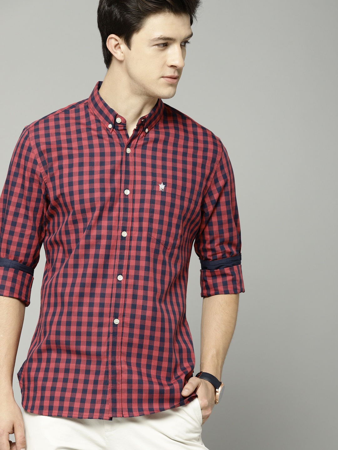 

French Connection Men Blue & Peach-Coloured Slim Fit Checked Casual Shirt