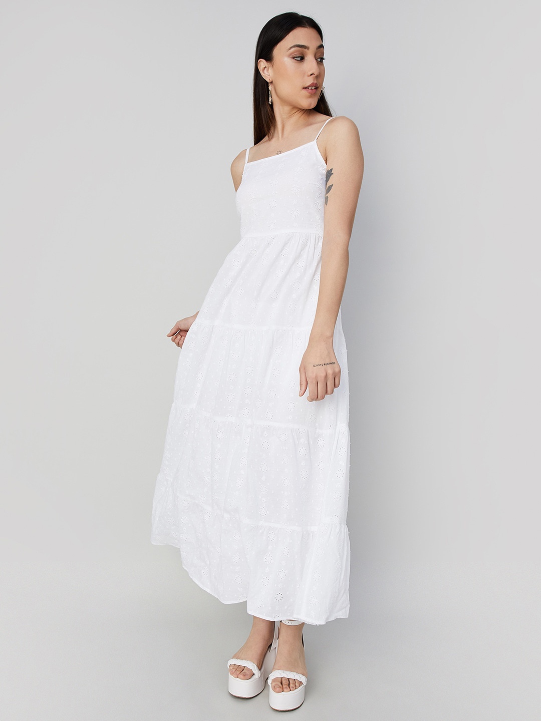 

CODE by Lifestyle Shoulder Straps Schiffli Maxi Fit and Flare Dress, Off white