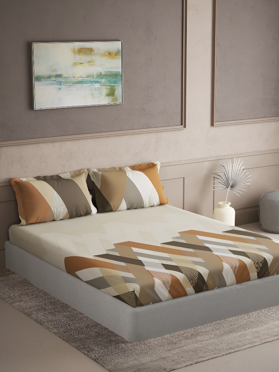 

DDecor Brown & Beige Geometric Cotton 144 TC Queen Bedsheet with 2 Pillow Covers