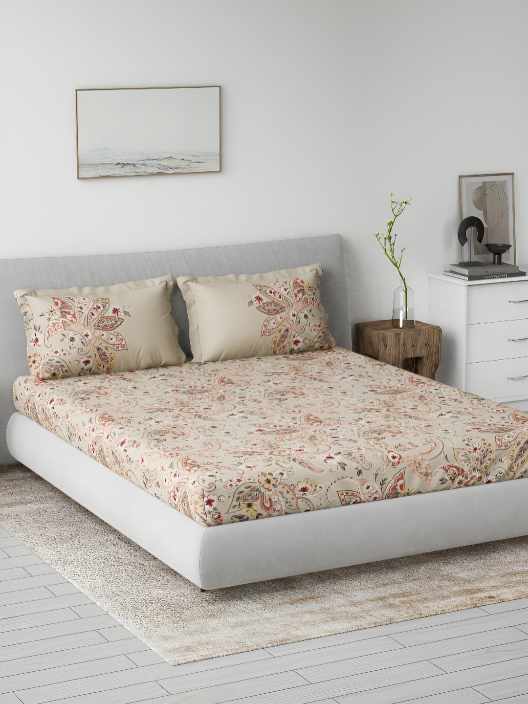 

DDecor Beige & Red Ethnic Motifs 144 TC Queen Bedsheet with 2 Pillow Covers