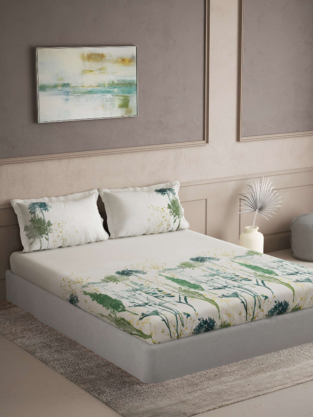 

DDecor Green & Cream Floral Cotton 180 TC King Bedsheet with 2 Pillow Covers
