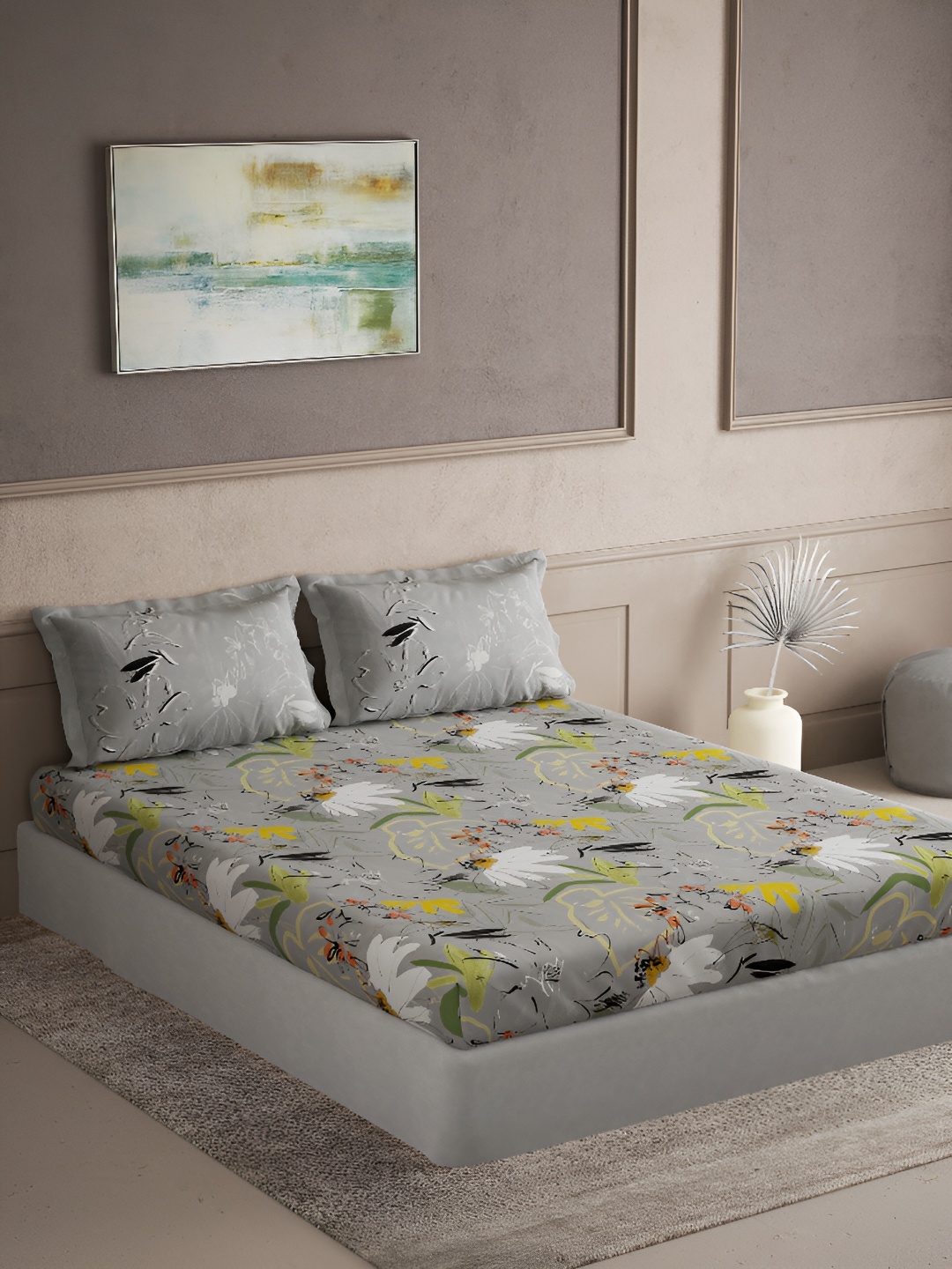

DDecor Grey & White Floral Cotton 144 TC Queen Bedsheet with 2 Pillow Covers