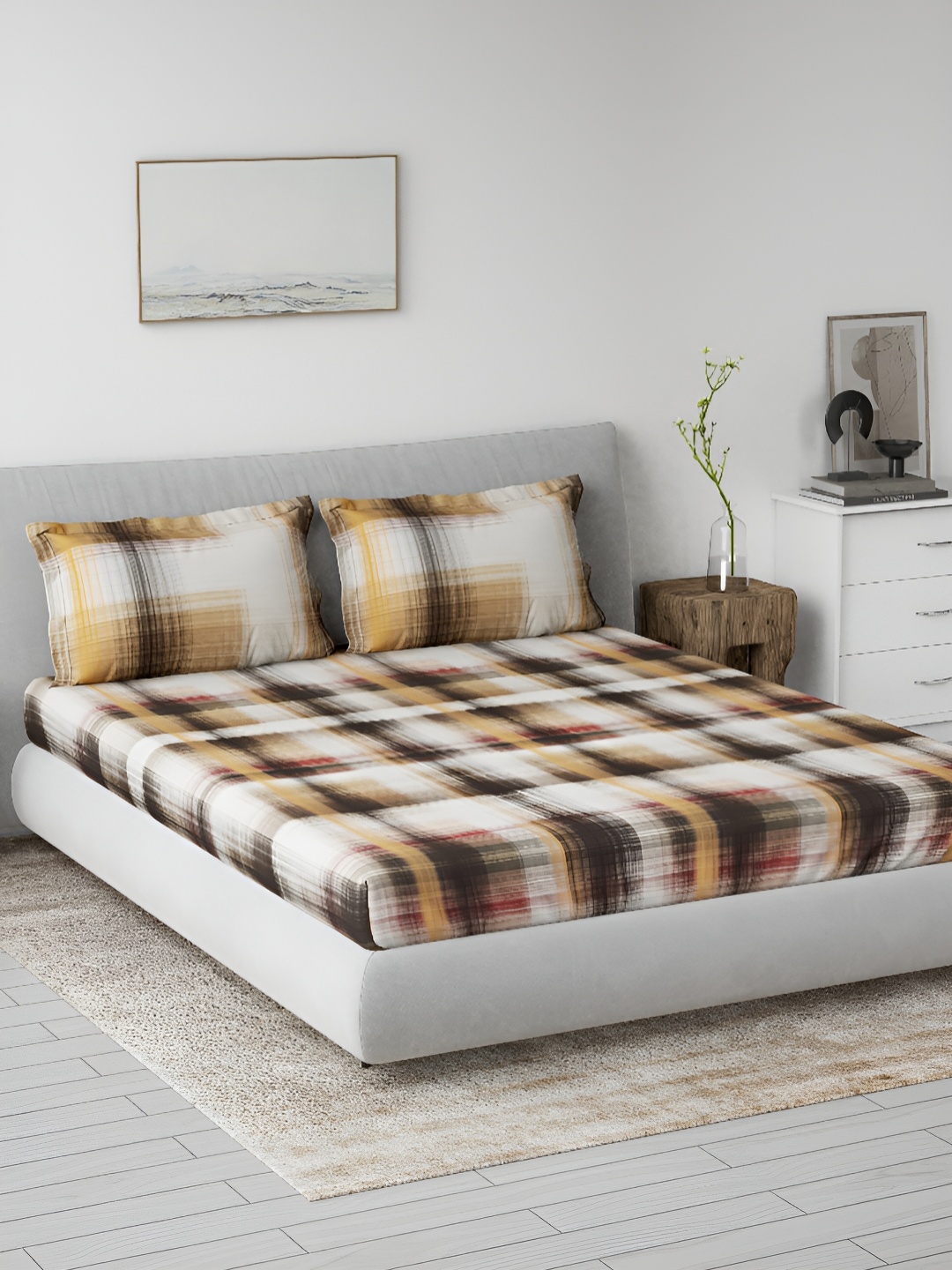

DDecor Brown Geometric Cotton 144 TC Queen Bedsheet with 2 Pillow Covers