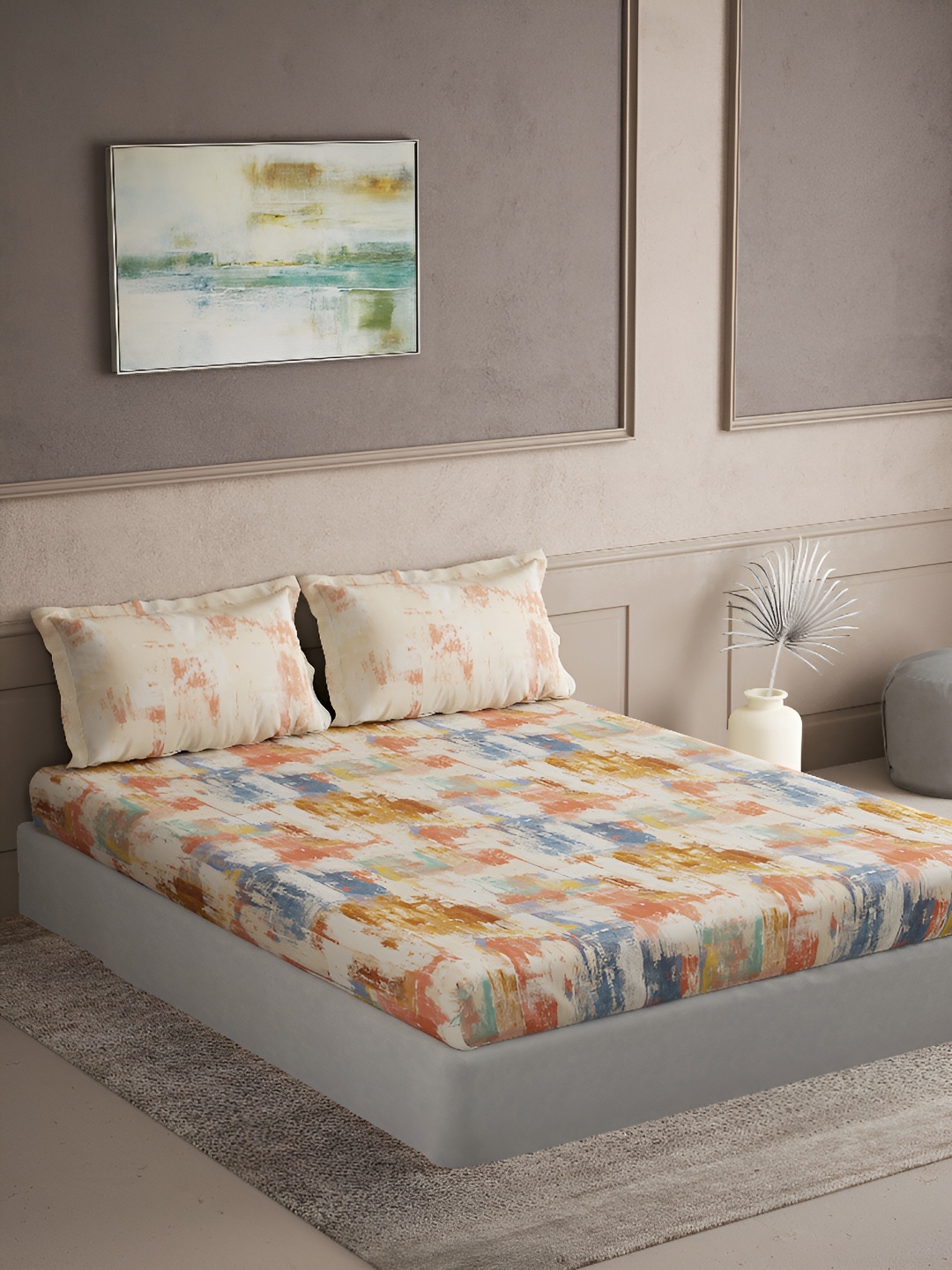 

DDecor Orange & Blue Printed 144 TC Queen Bedsheet with 2 Pillow Covers