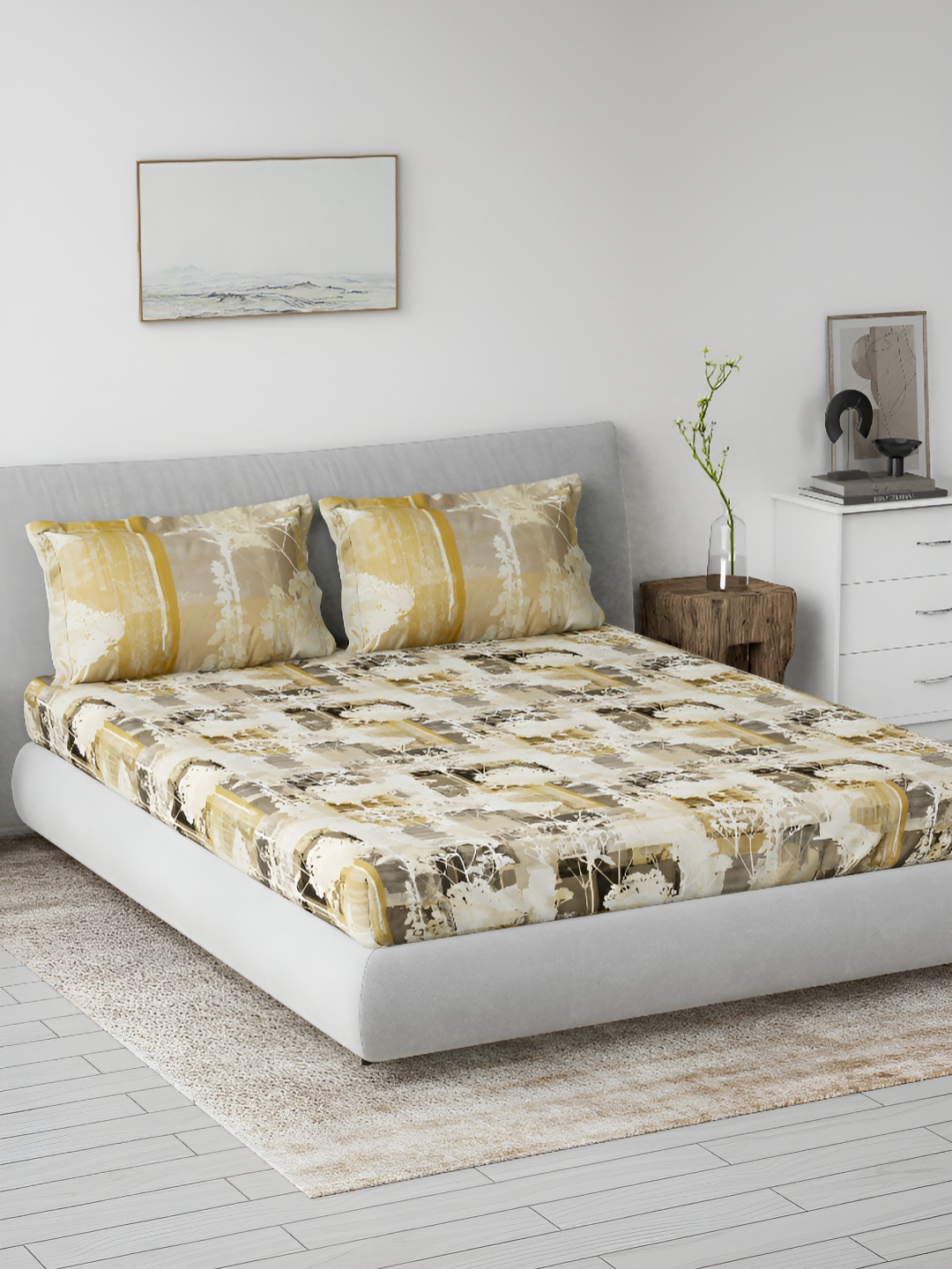 

DDecor Yellow & White Floral Cotton 144 TC Queen Bedsheet with 2 Pillow Covers