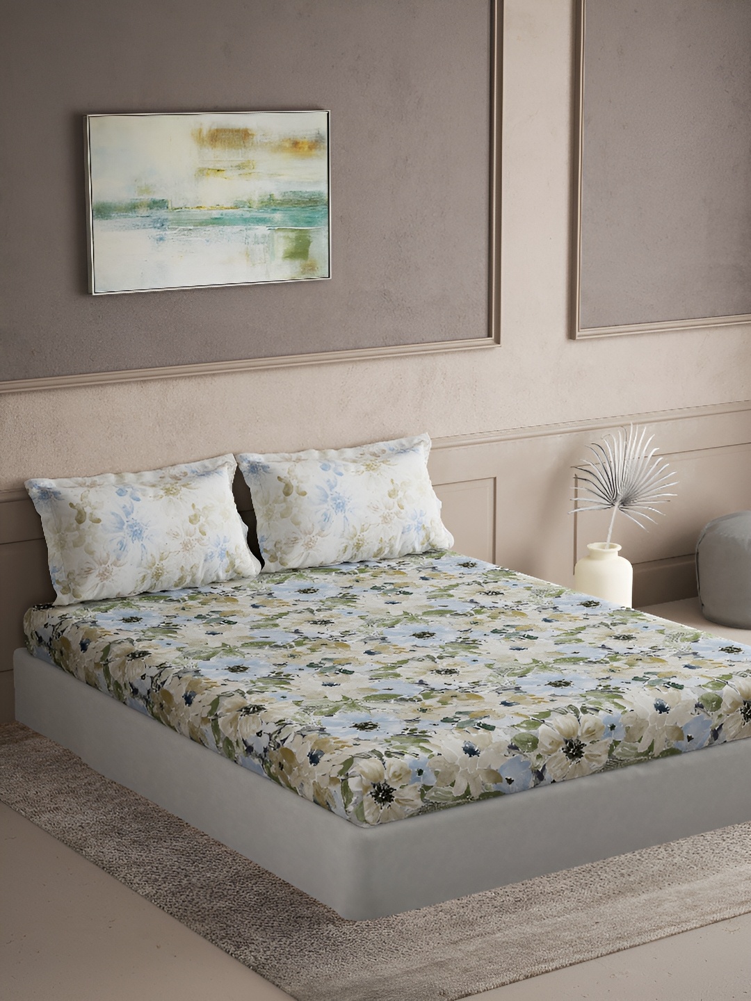 

DDecor Blue & Green Floral 144 TC Queen Bedsheet with 2 Pillow Covers