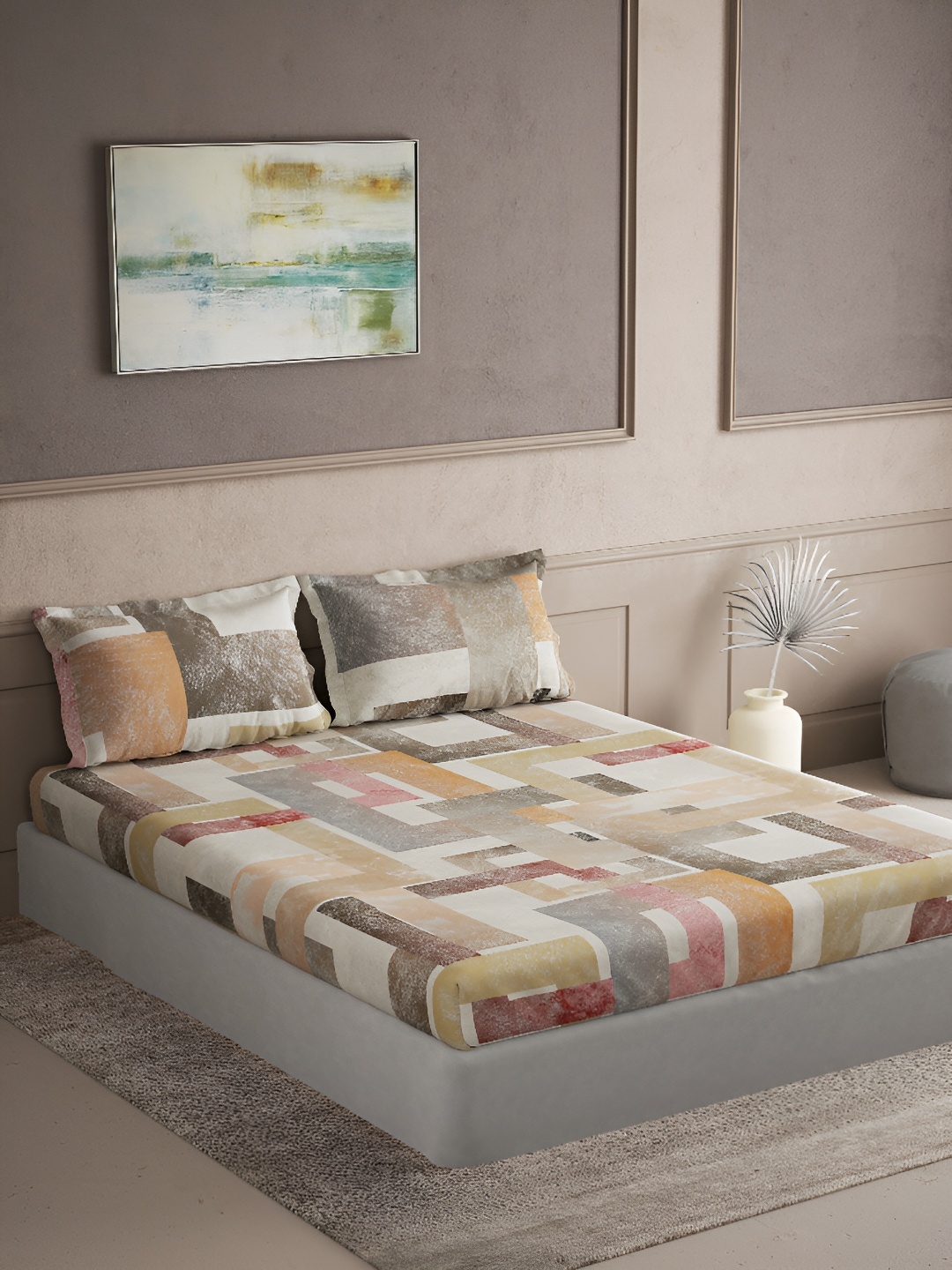 

DDecor Brown & Grey Geometric Cotton 180 TC King Bedsheet with 2 Pillow Covers