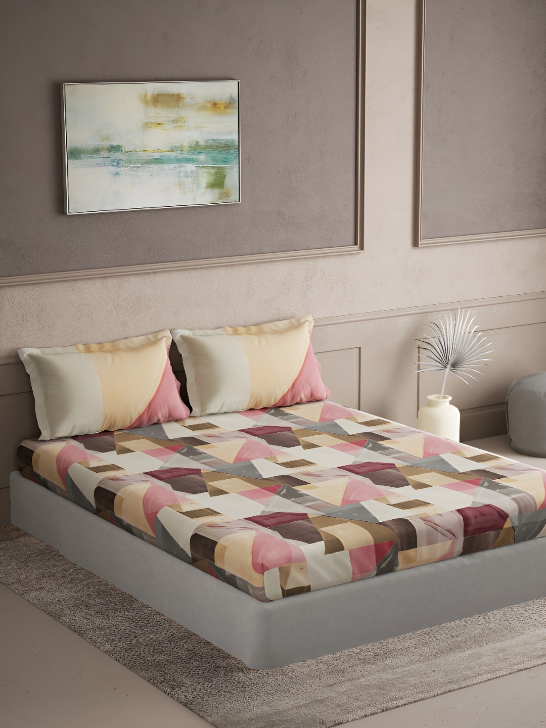 

DDecor Red & Orange Geometric Cotton 144 TC Queen Bedsheet with 2 Pillow Covers