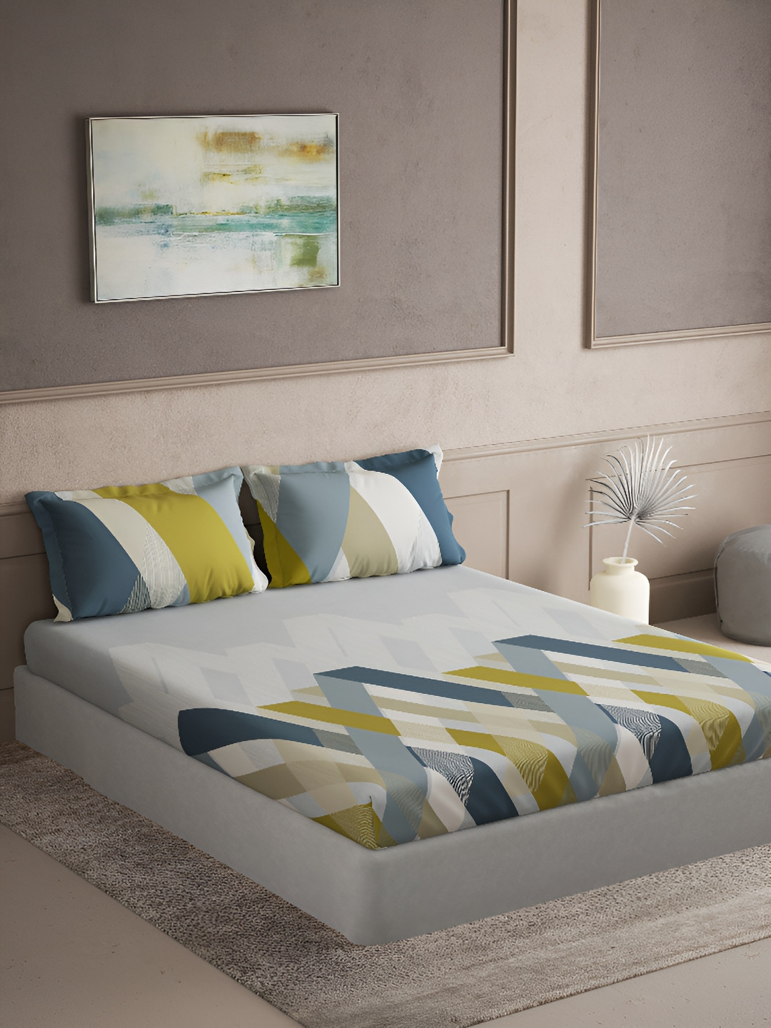 

DDecor Blue & White Geometric Cotton 144 TC Queen Bedsheet with 2 Pillow Covers