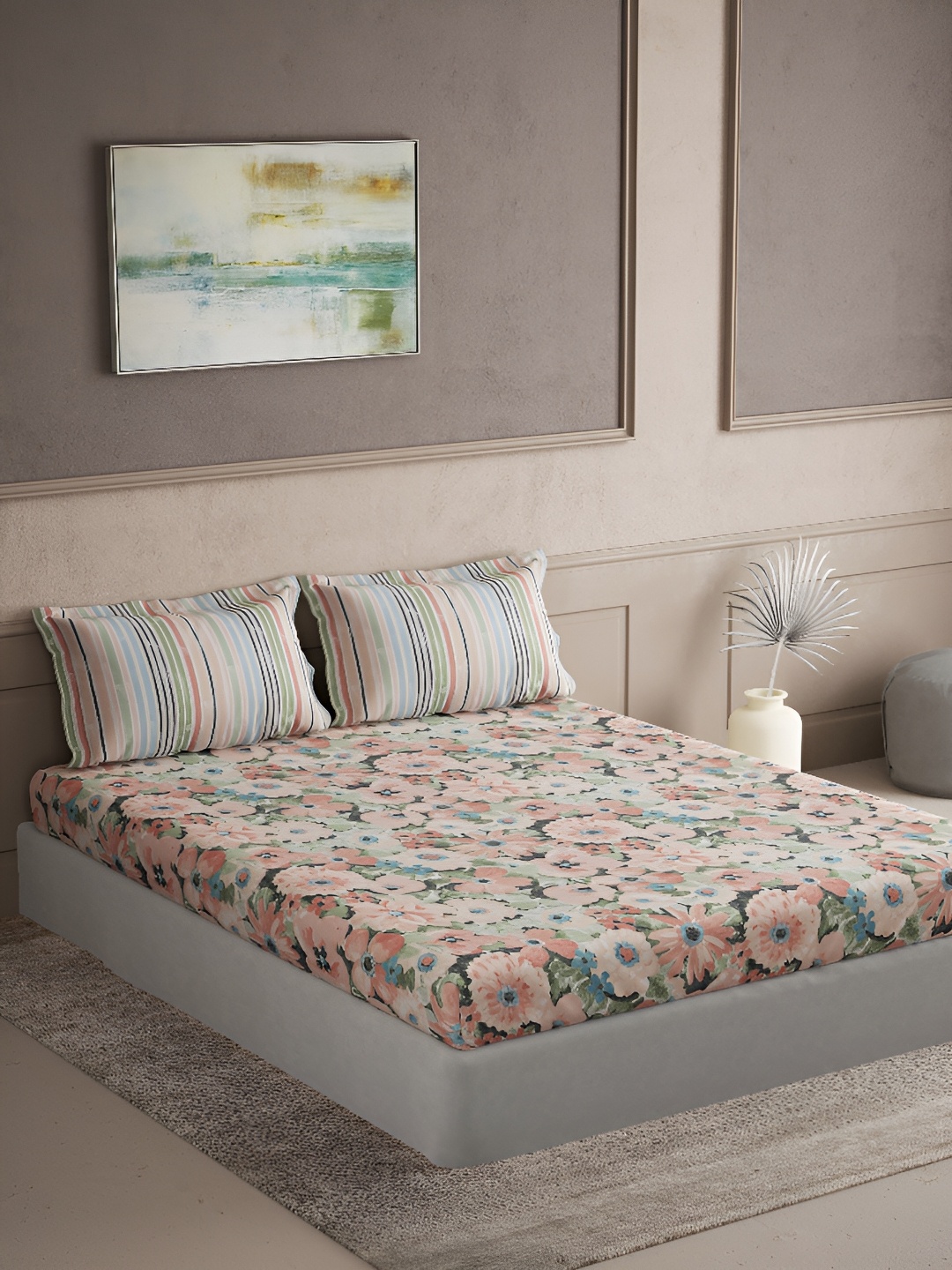 

DDecor Pink & Blue Floral Cotton180 TC King Bedsheet with 2 Pillow Covers