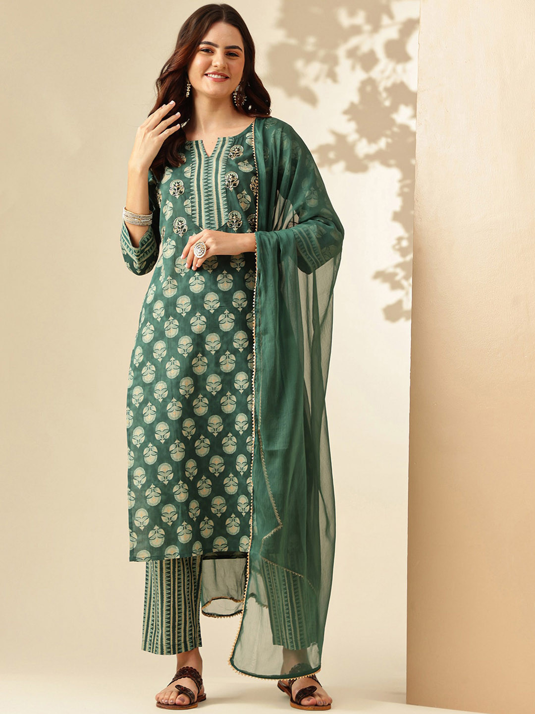 

KALINI Floral Printed Thread Work Pure Cotton Straight Kurta With Trousers & Dupatta, Green