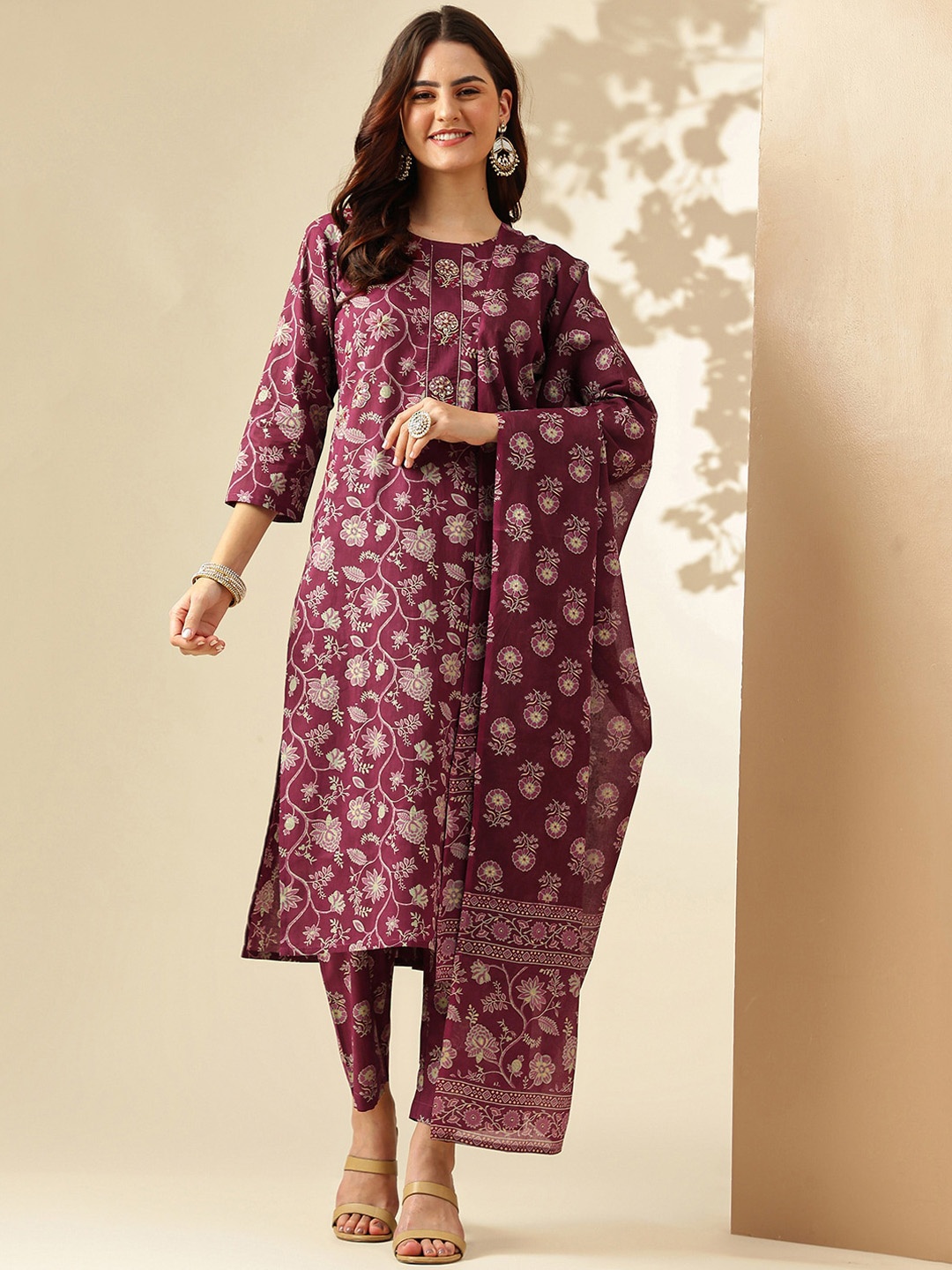 

KALINI Floral Printed Thread Work Pure Cotton Kurta with Trousers & Dupatta, Purple
