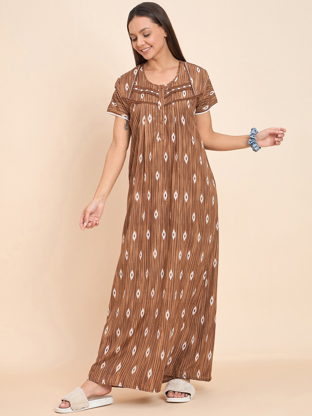 

Sweet Dreams Mustard Ethnic Motifs Printed Maxi Nightdress