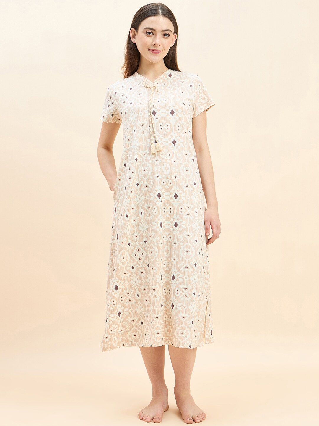

Sweet Dreams Yellow Ethnic Motifs Printed Midi Nightdress