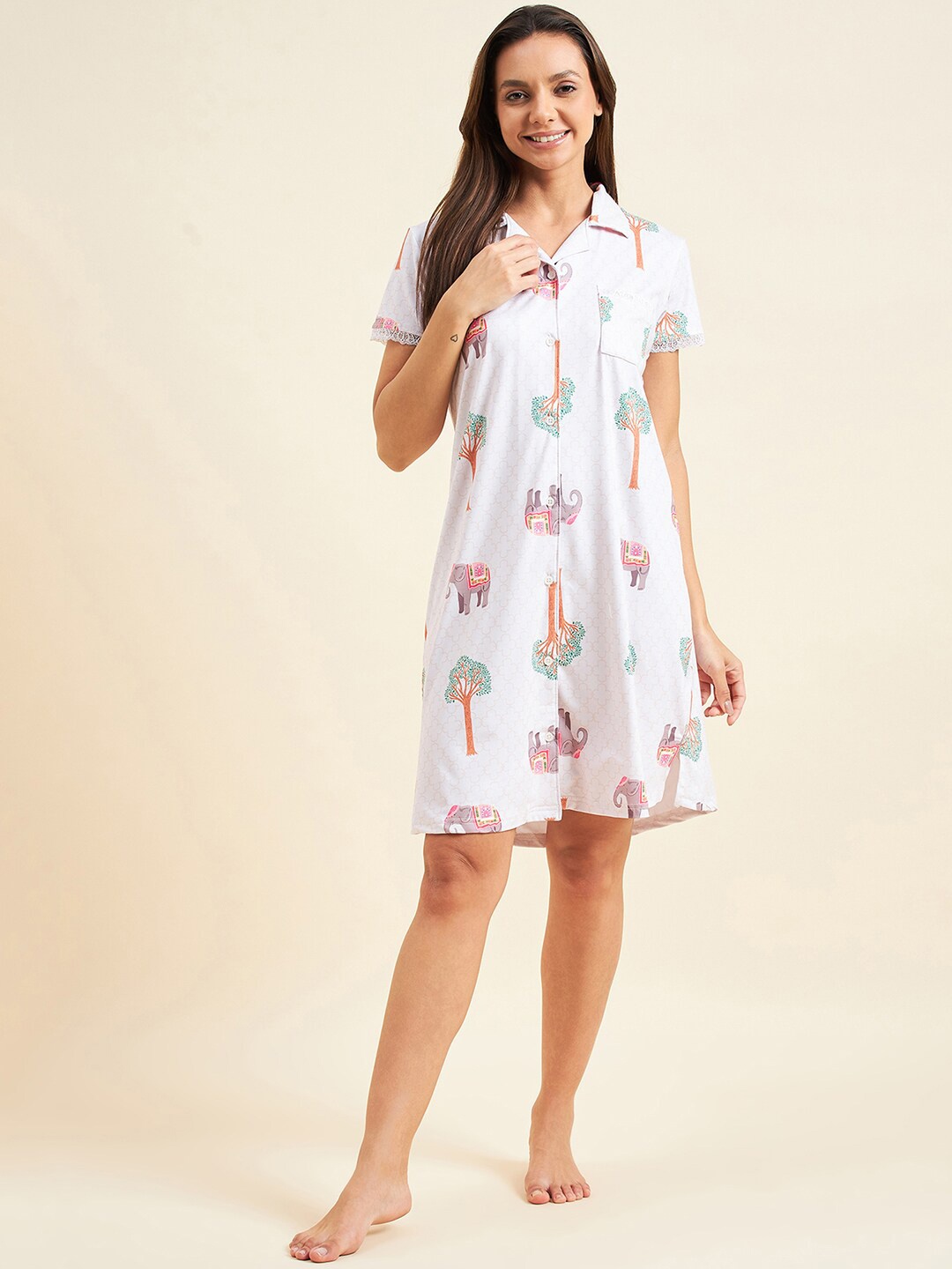 

Sweet Dreams Off White Ethnic Motifs Printed Shirt Nightdress