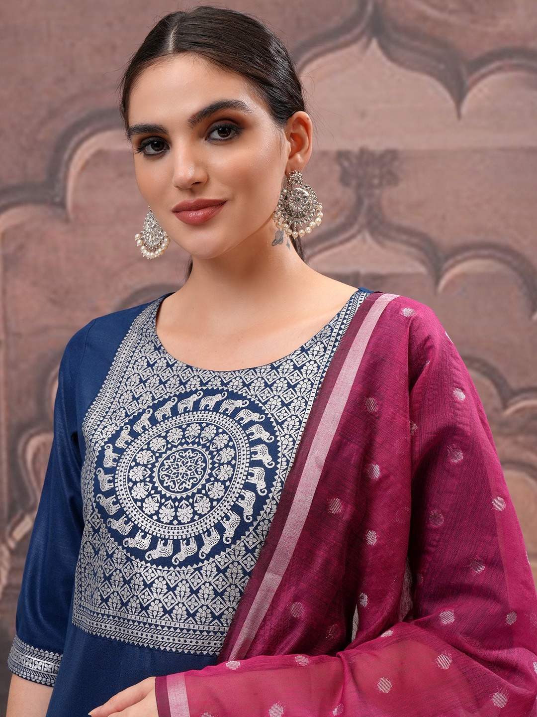 

Vishudh Teal Ethnic Motifs Yoke Design Straight Kurta with Palazzo & Dupatta