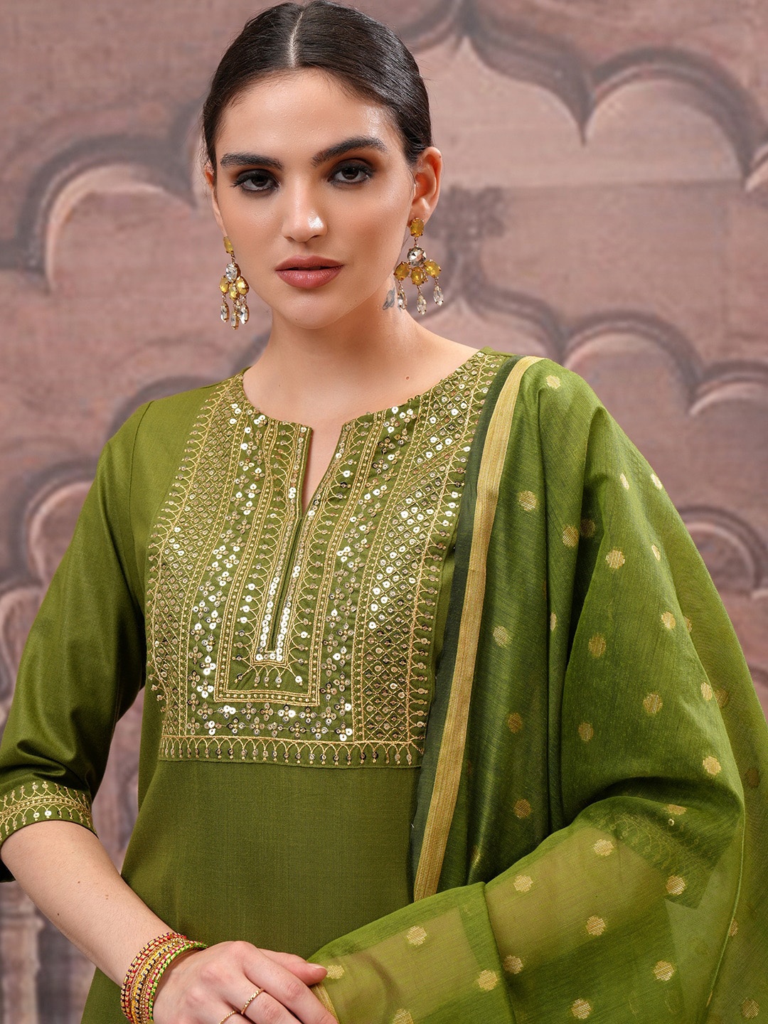 

Vishudh Olive Green Ethnic Motifs Embroidered Sequinned Kurta with Palazzo & Dupatta