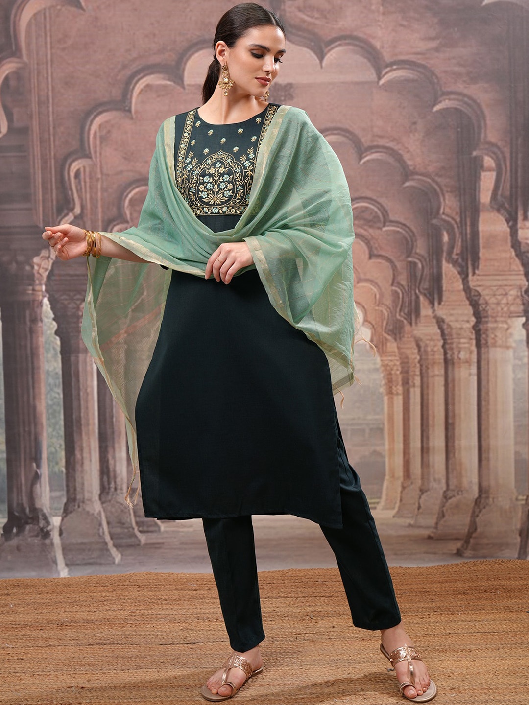 

Vishudh Green Embroidered Straight Kurta with Trouser & Dupatta