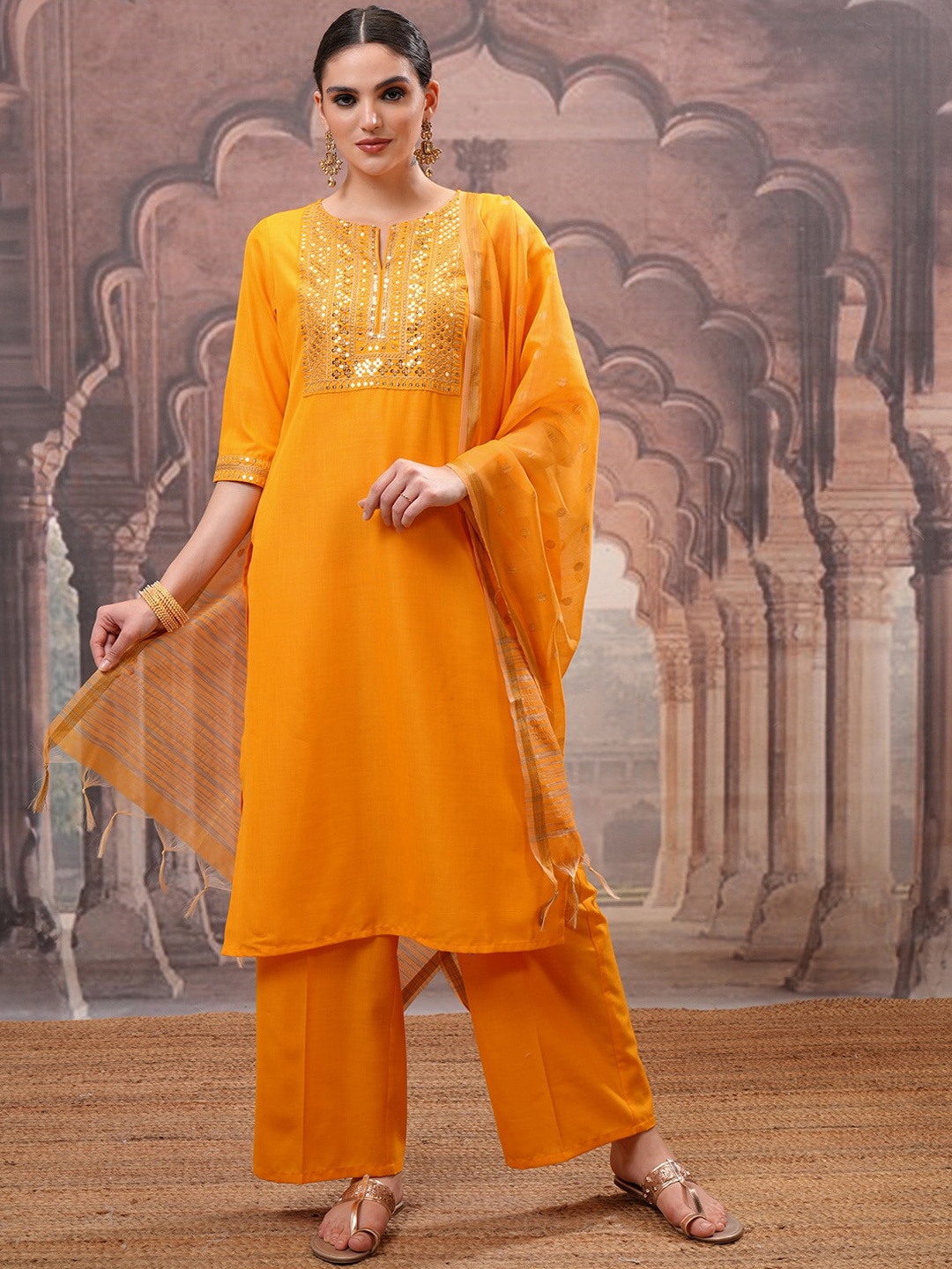 

Vishudh Yellow Floral Embroidered Mirror Work Straight Kurta with Palazzo & Dupatta